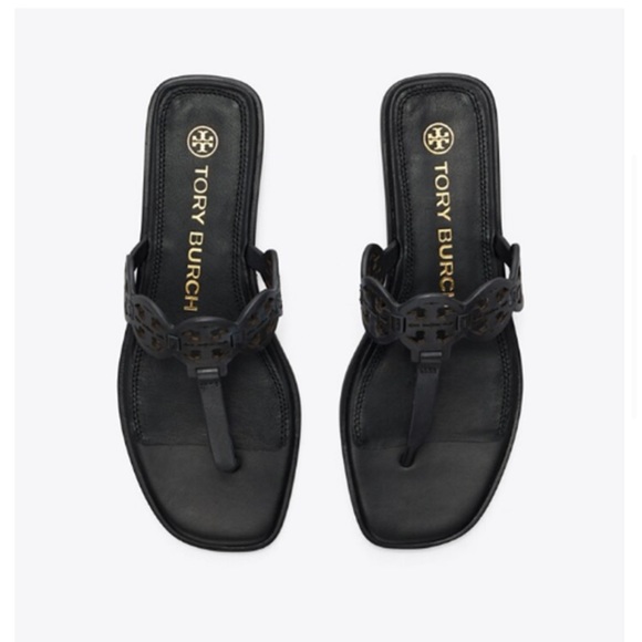 Tory Burch Tiny Miller Sandal Flat Logo Calf Leather Thong, Perfect Black sz 9 - Picture 3 of 12